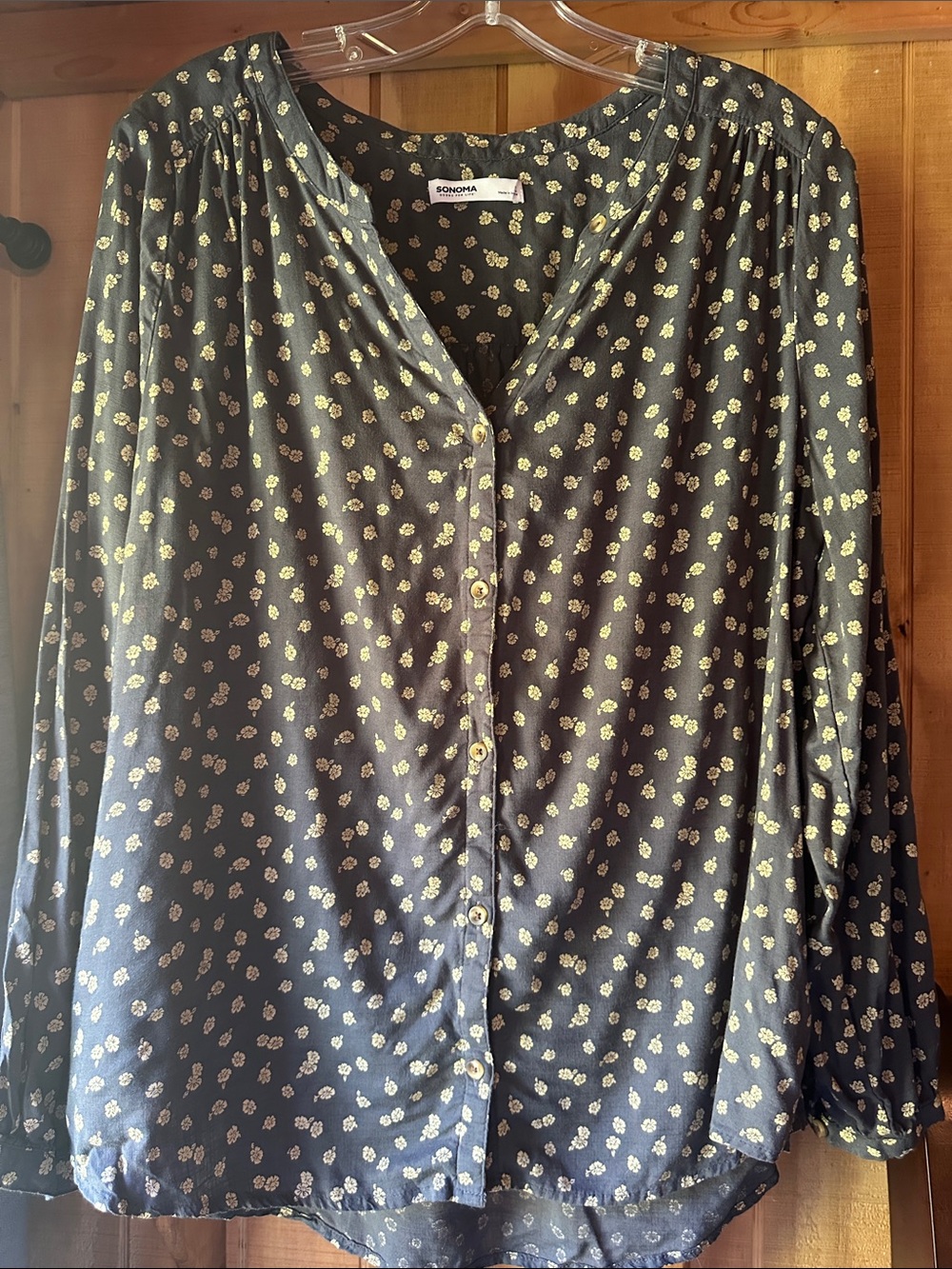 Sonoma Black Button-Front Blouse with Small Yellow Floral Print cpvd